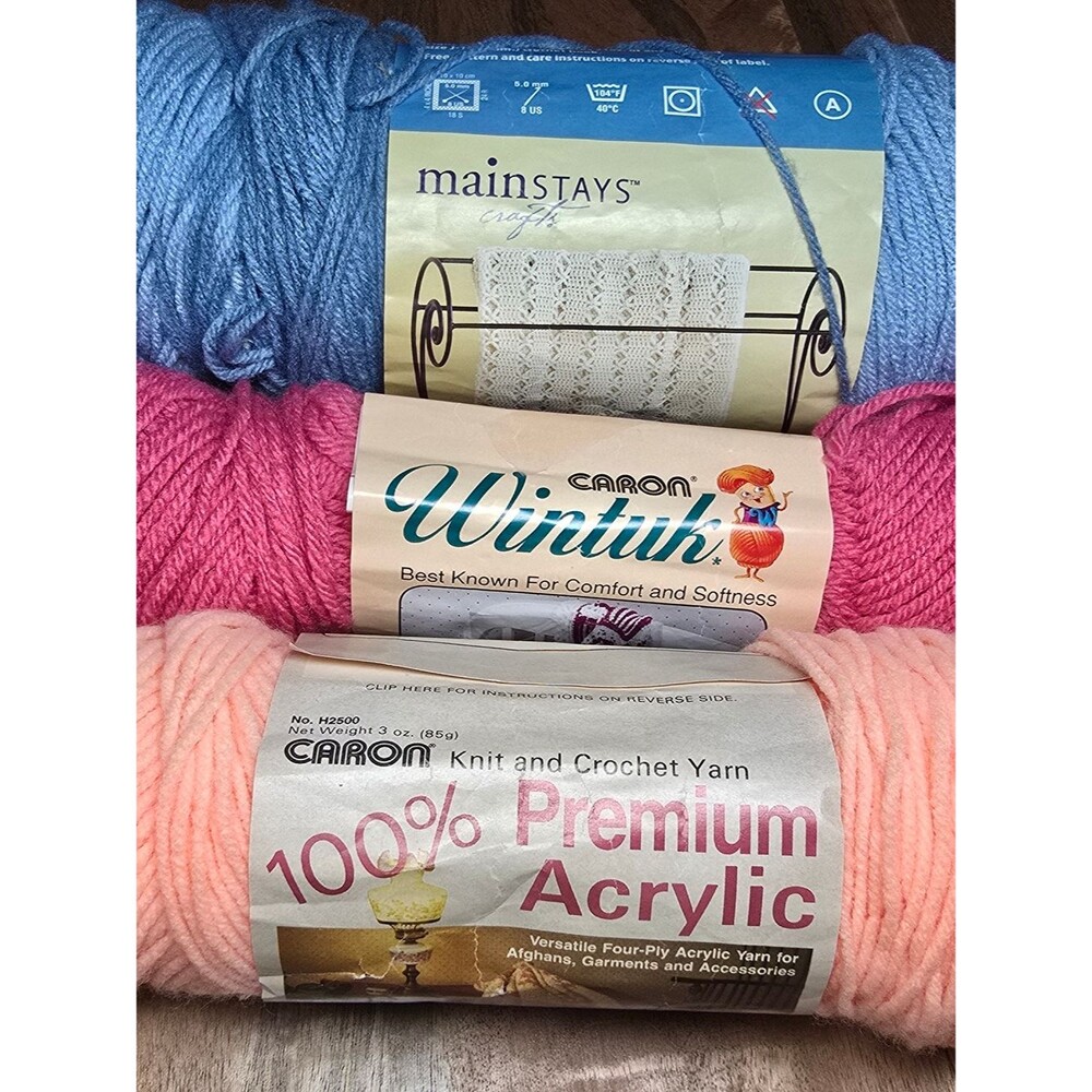 Caron & Mainstays Acrylic Yarn Trio — Blue, Pink, Peach
